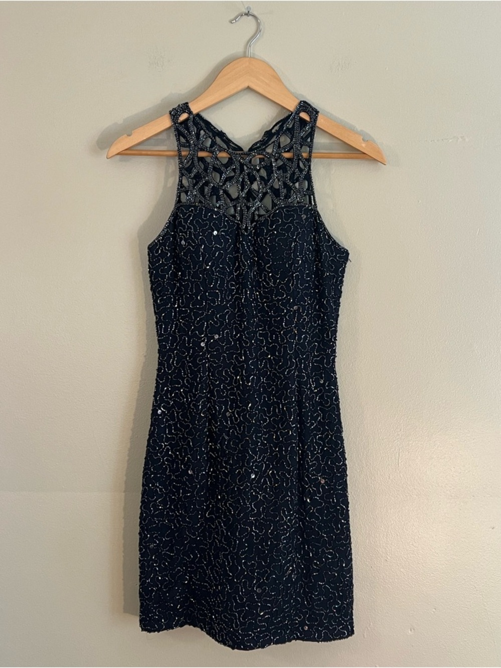 Vintage Scala Silk Navy Beaded Cocktail Mini Dress Glam Party Event Dance